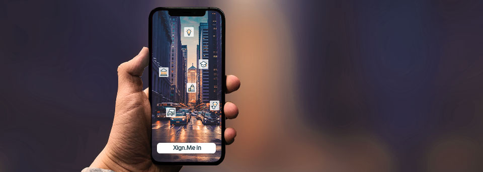 Illustration: Smartphone stellt auf dem Display abstrakt die Anwendungsgebiet von XignIn im Kontext der Smart City dar