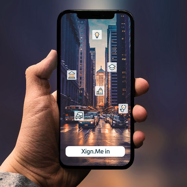 Illustration: Smartphone stellt auf dem Display abstrakt die Anwendungsgebiet von XignIn im Kontext der Smart City dar